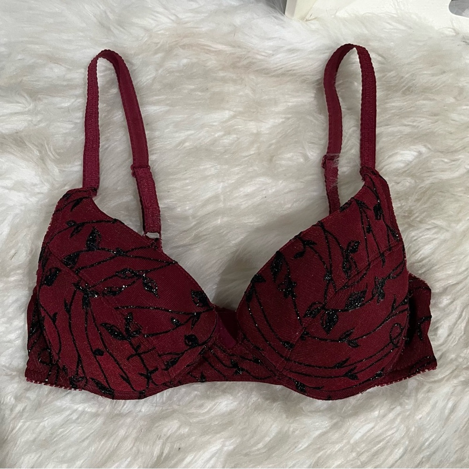New Felina Intimate Moments Vintage Padded Push-Up Shimmer Bra Wine Black 34a — image 6 of 8